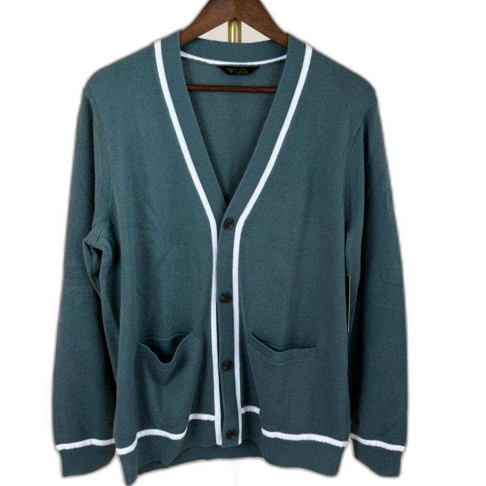 Rhône Men's Earl Golf Cardigan Sweater Tidal Green White Large NWT